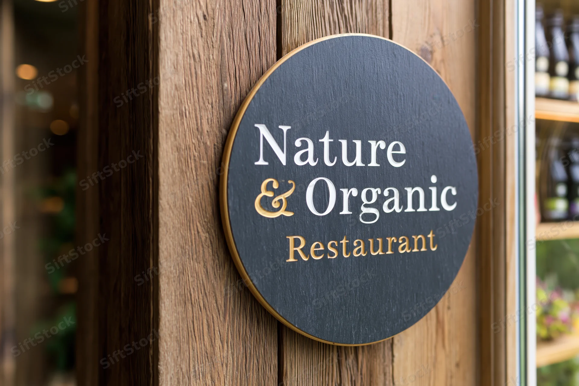 Round dark slate sign with gold and white text reading Nature & Organic Restaurant mounted on wooden door exterior