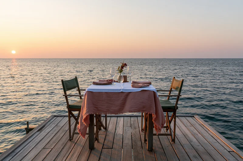 Dining table set for two on wooden overwater deck facing ocean at sunset