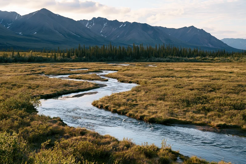 Braided river winding through open tundra shrubland with distant mountains and evergreen forest under golden sunset light