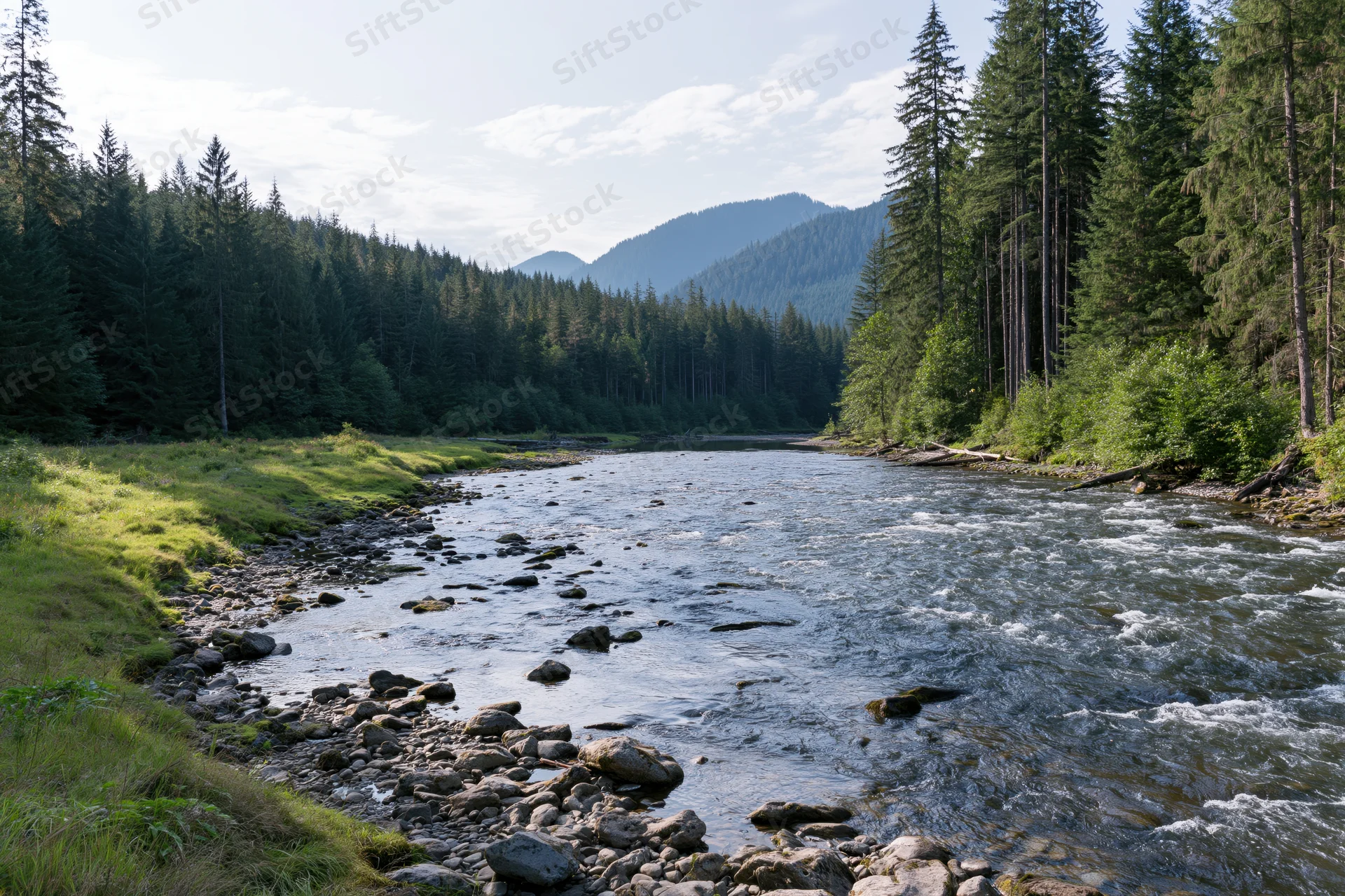 Shallow mountain river flowing over scattered rocks through dense pine forest with distant peaks under partly cloudy sky