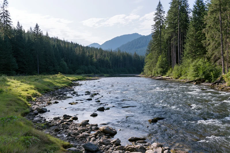 Shallow mountain river flowing over scattered rocks through dense pine forest with distant peaks under partly cloudy sky