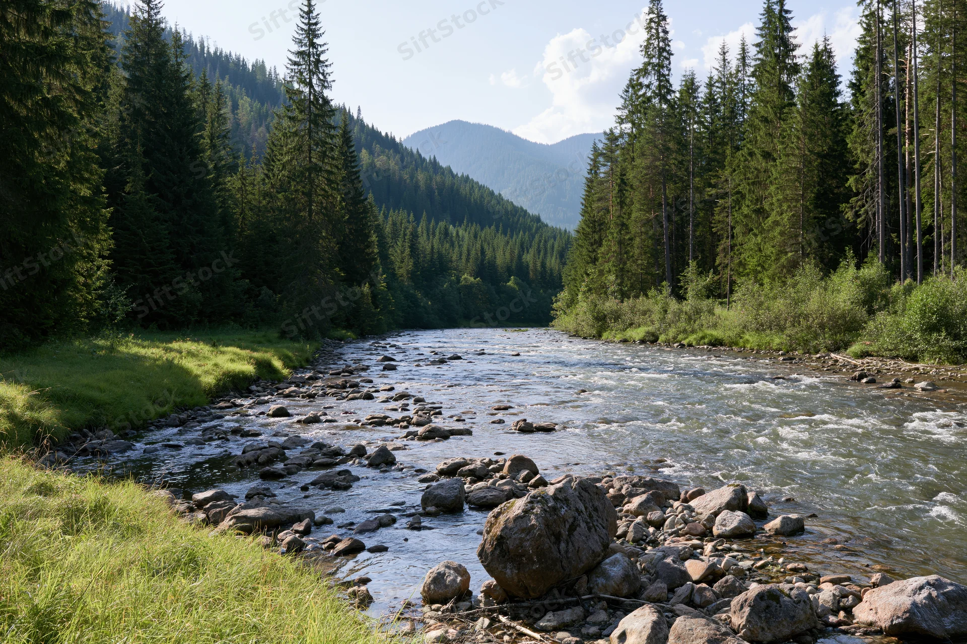 Shallow mountain river flowing over scattered rocks through dense pine forest in valley