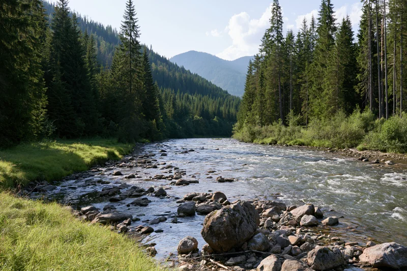 Shallow mountain river flowing over scattered rocks through dense pine forest in valley