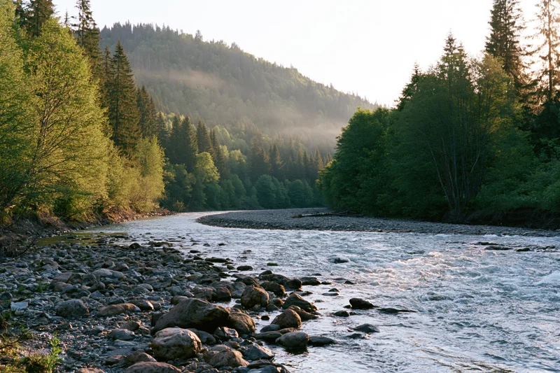 Shallow mountain river flowing over scattered stones and gravel through forested valley at sunrise