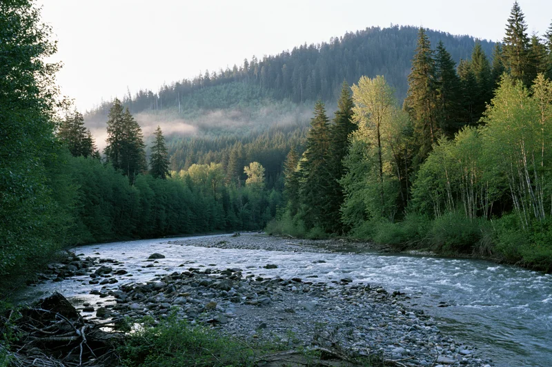 Shallow mountain river flowing over scattered stones and gravel through dense forested valley