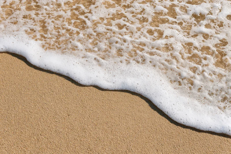 Shallow ocean wave washing over wet beach sand with white seafoam