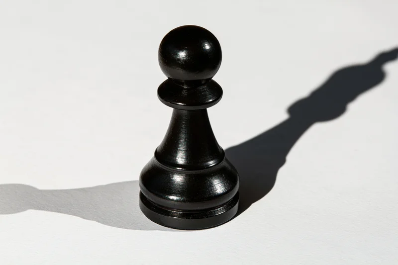 Black chess pawn standing upright on white surface casting a shadow