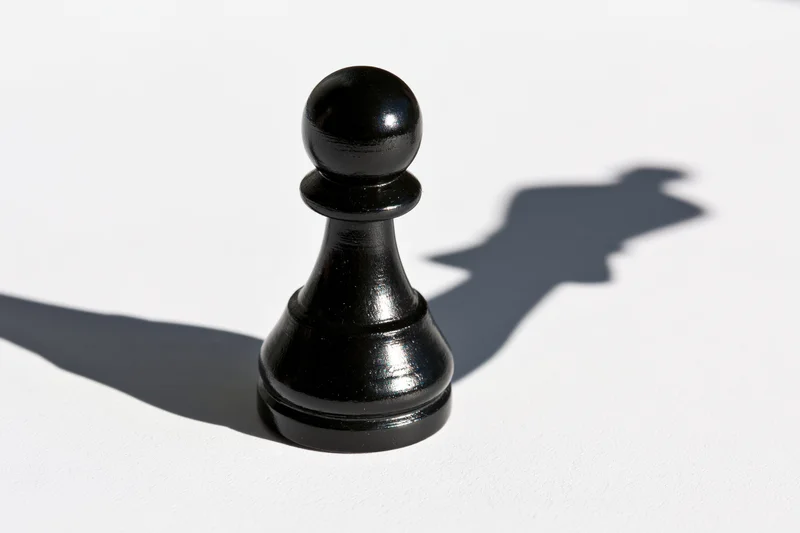 Black chess pawn standing upright on white surface casting a shadow