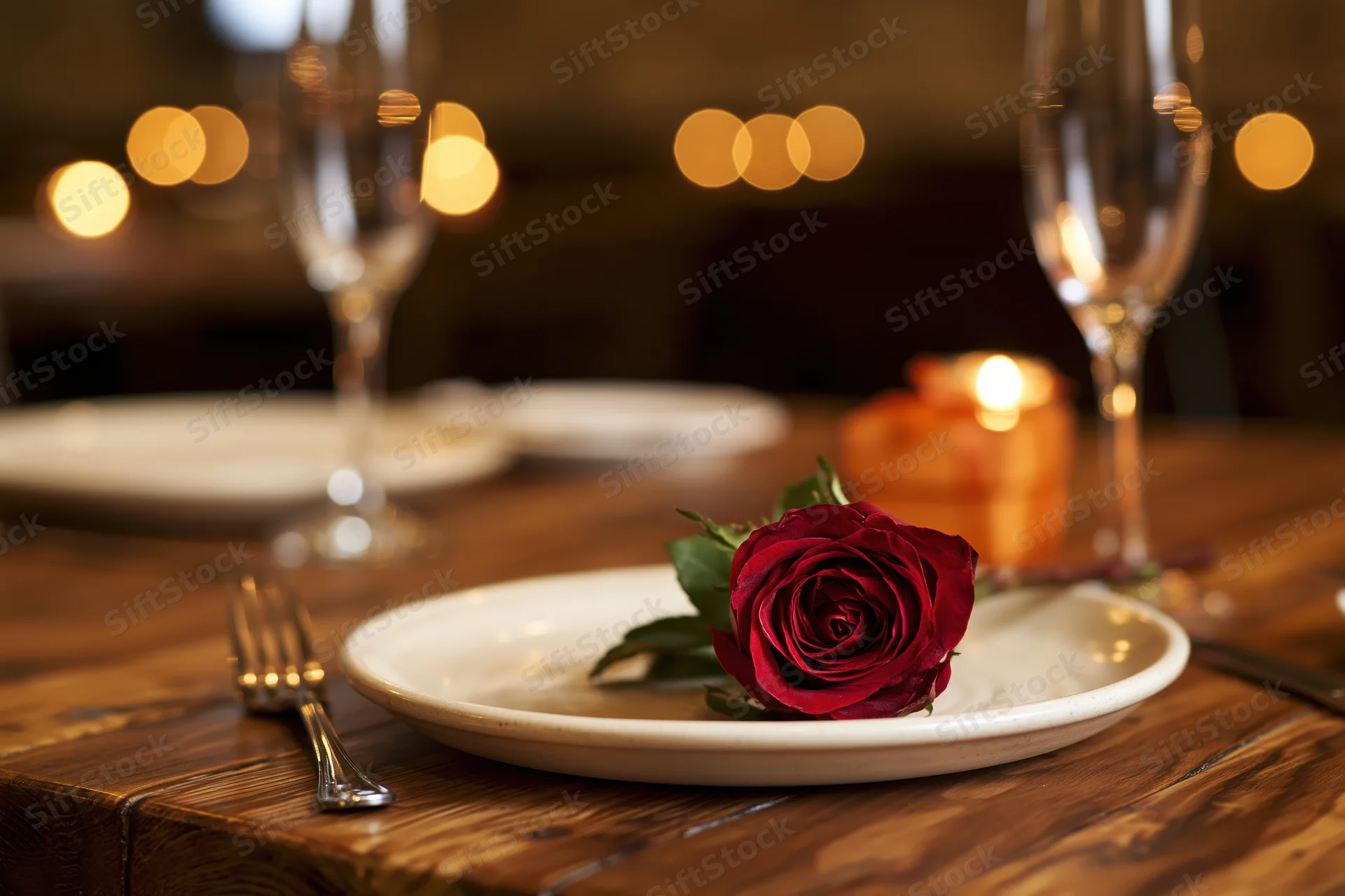 Deep red rose on white plate with silver fork on wooden table at romantic dinner setting