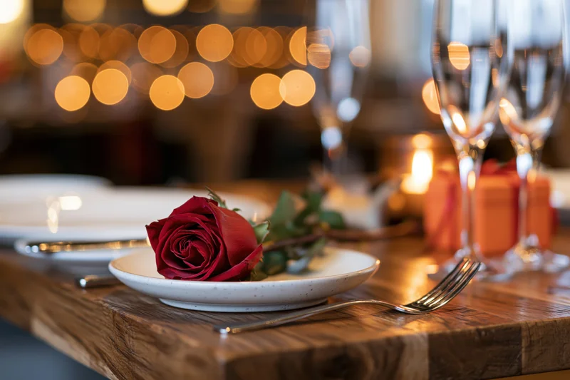 Single red rose on a white plate with a fork on a wooden table in a softly lit restaurant setting