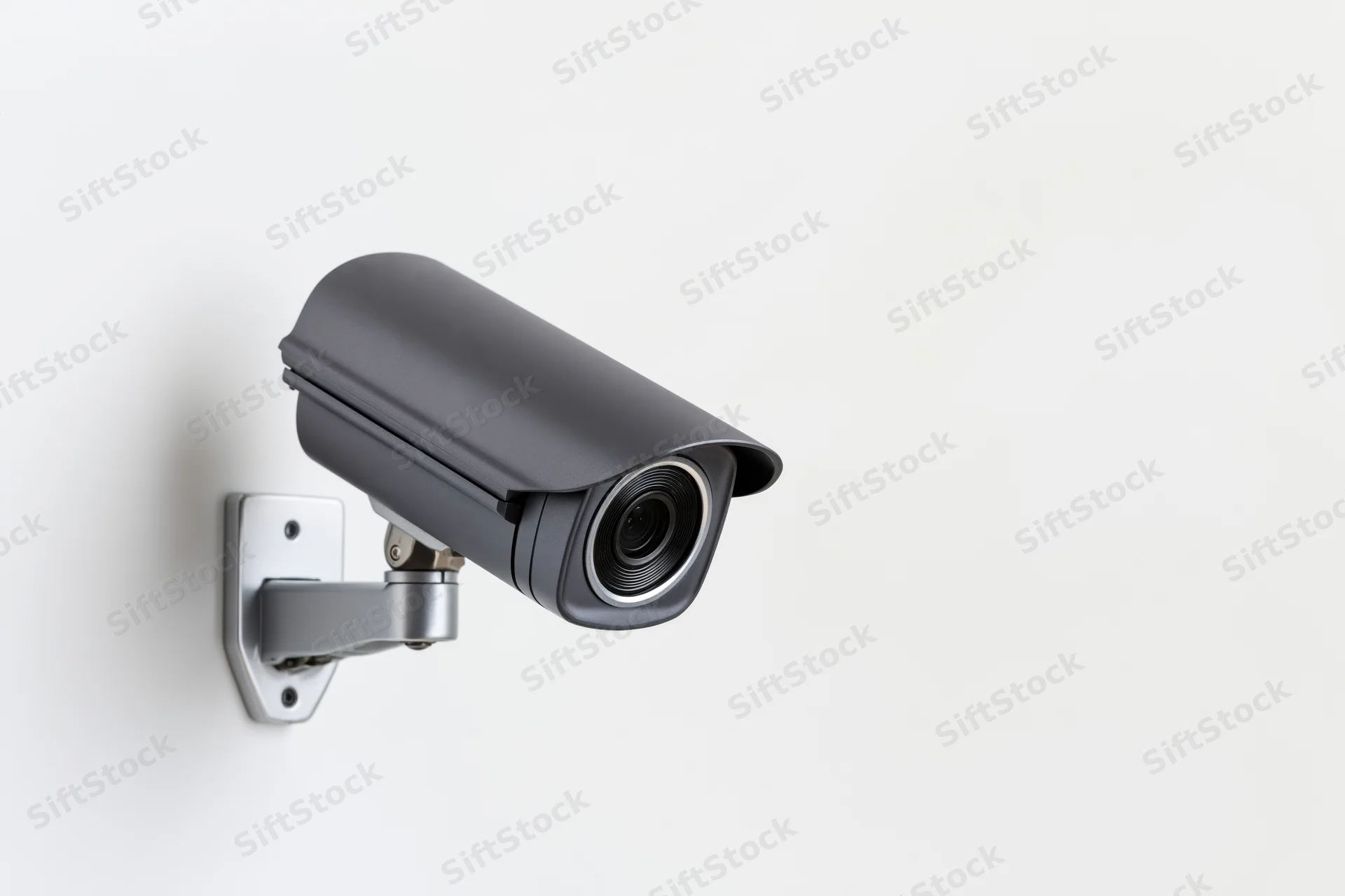Gray cctv security camera mounted on a silver wall bracket with copyspace to the right