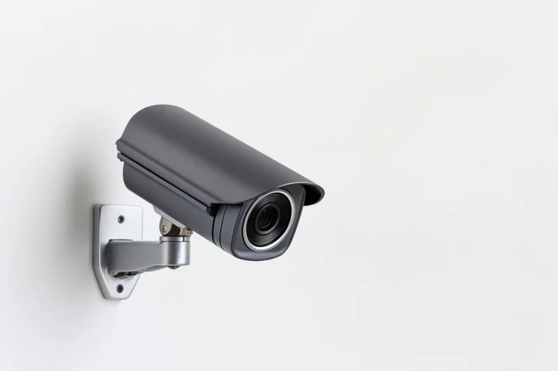 Gray cctv security camera mounted on a silver wall bracket with copyspace to the right