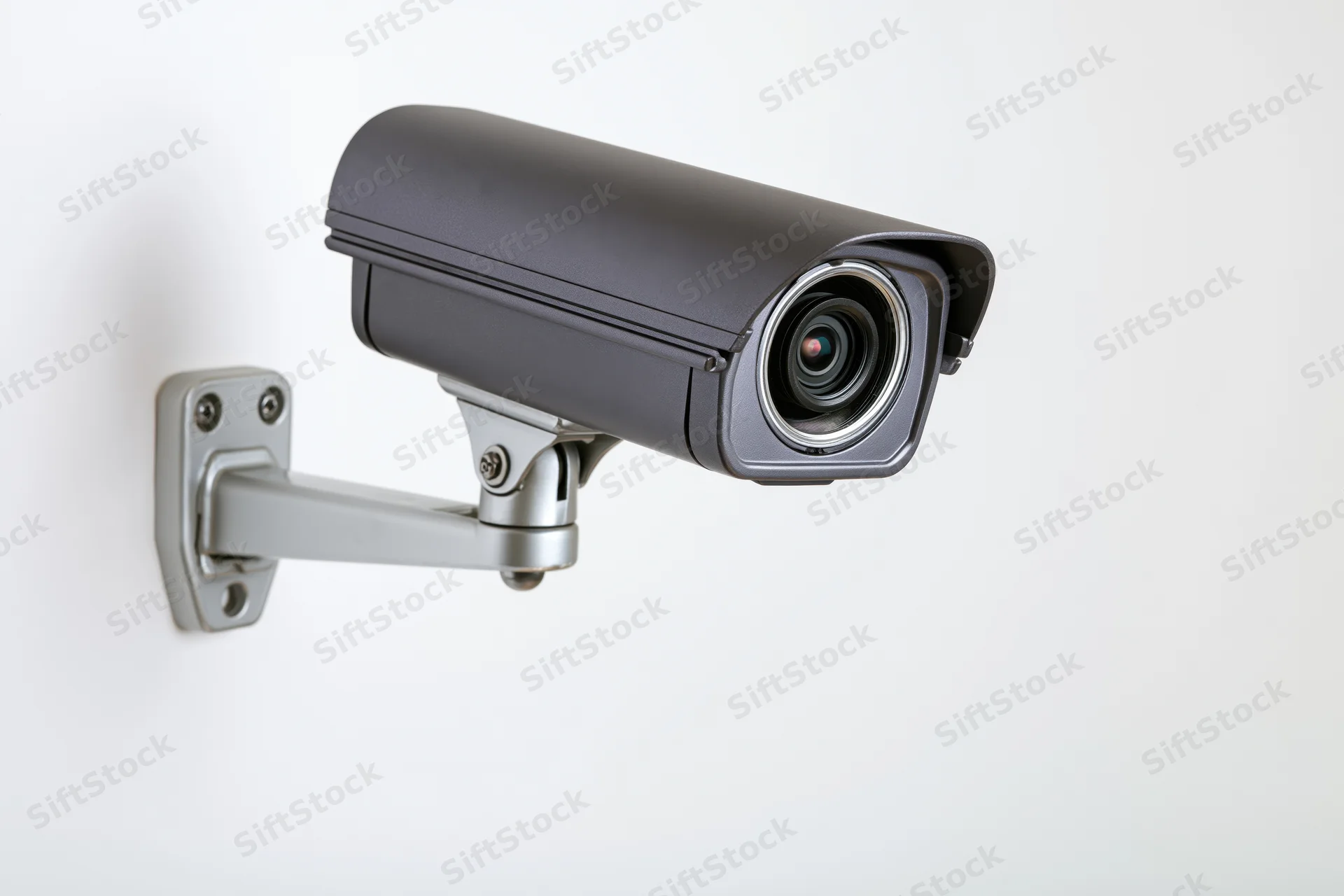 Gray cctv security camera mounted on silver wall bracket against white background