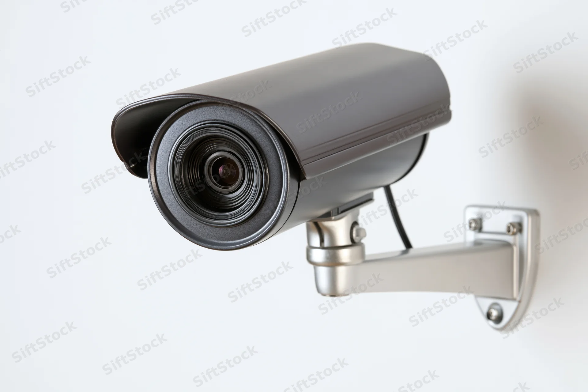 Gray cctv security camera mounted on silver wall bracket against white background