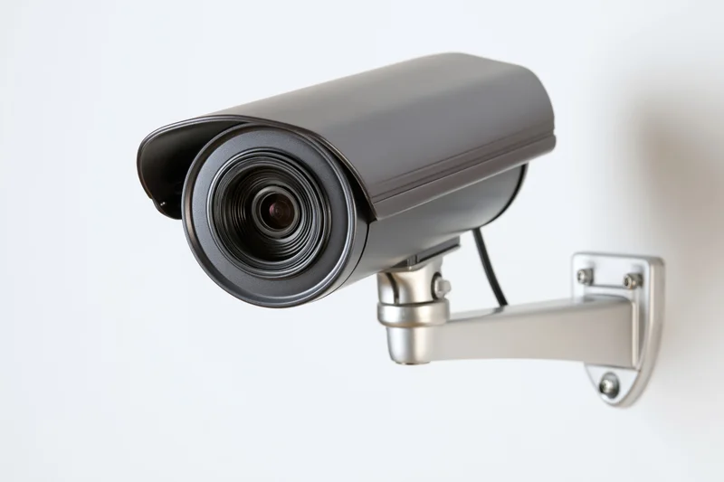 Gray cctv security camera mounted on silver wall bracket against white background