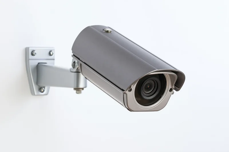Gray cctv security camera mounted on silver wall bracket against white background