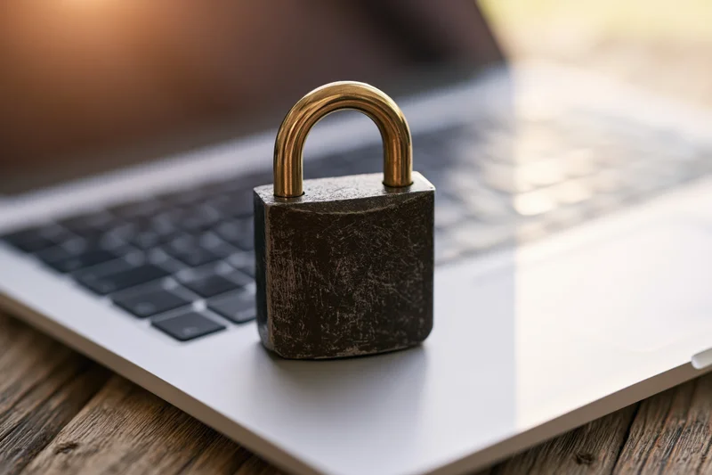 Dark metal padlock with brass shackle resting on laptop keyboard on wooden surface