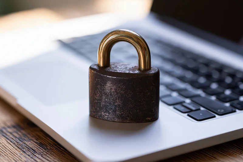 Dark metal padlock with brass shackle resting on laptop keyboard on wooden desk