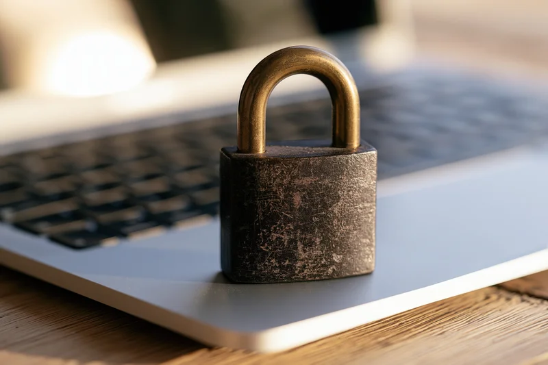 Dark metal padlock with brass shackle resting on laptop keyboard on wooden desk