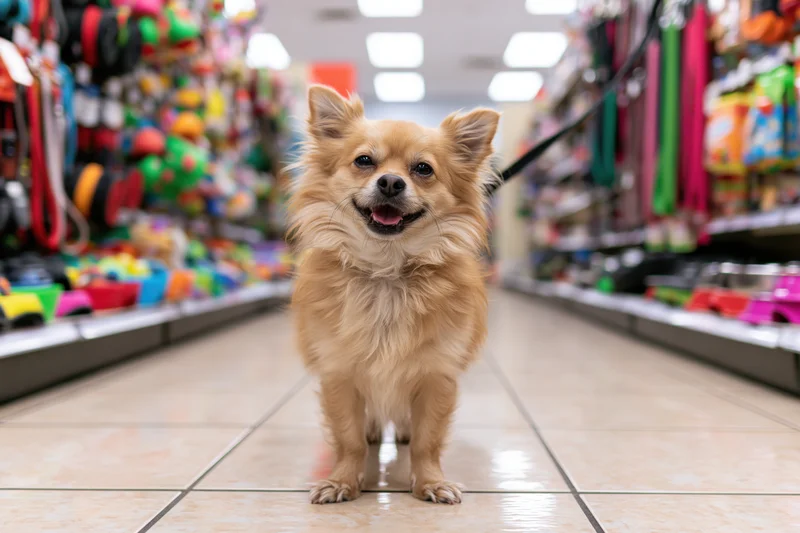 Small fluffy tan chihuahua standing alert on tiled floor in pet store aisle