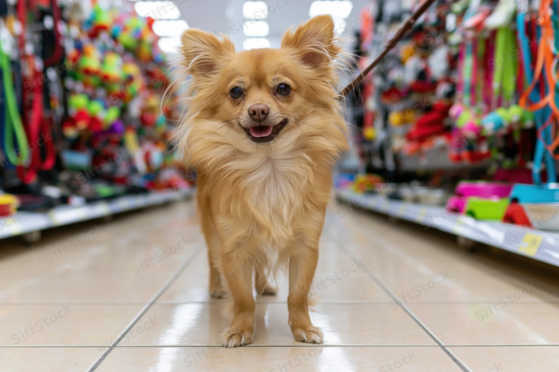 Fluffy tan chihuahua standing alert on tiled floor in pet store aisle
