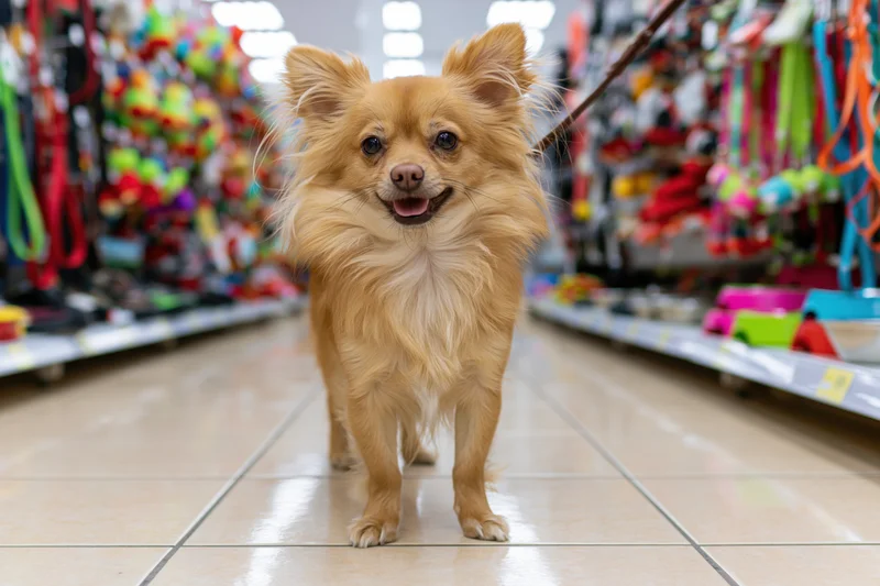 Fluffy tan chihuahua standing alert on tiled floor in pet store aisle