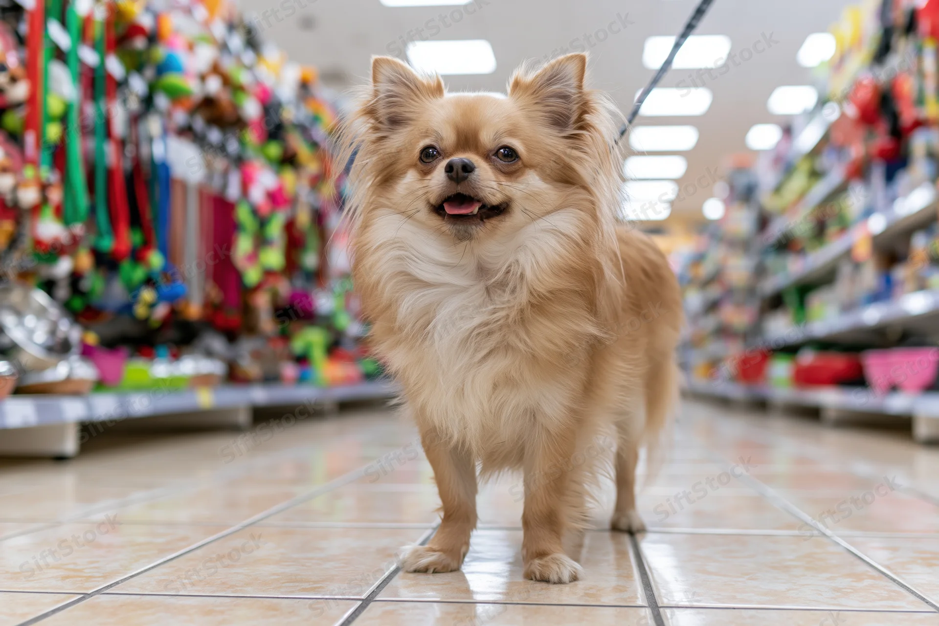 Small fluffy tan chihuahua standing alert on tiled floor in pet store aisle