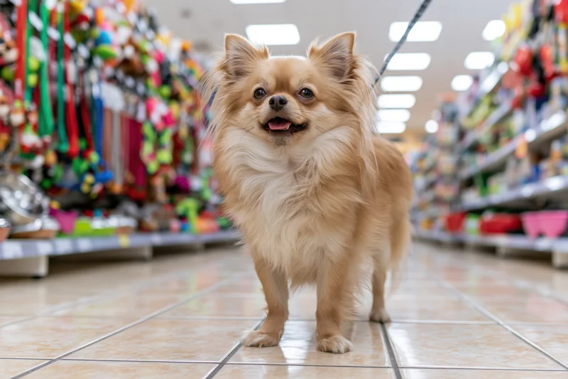 Small fluffy tan chihuahua standing alert on tiled floor in pet store aisle
