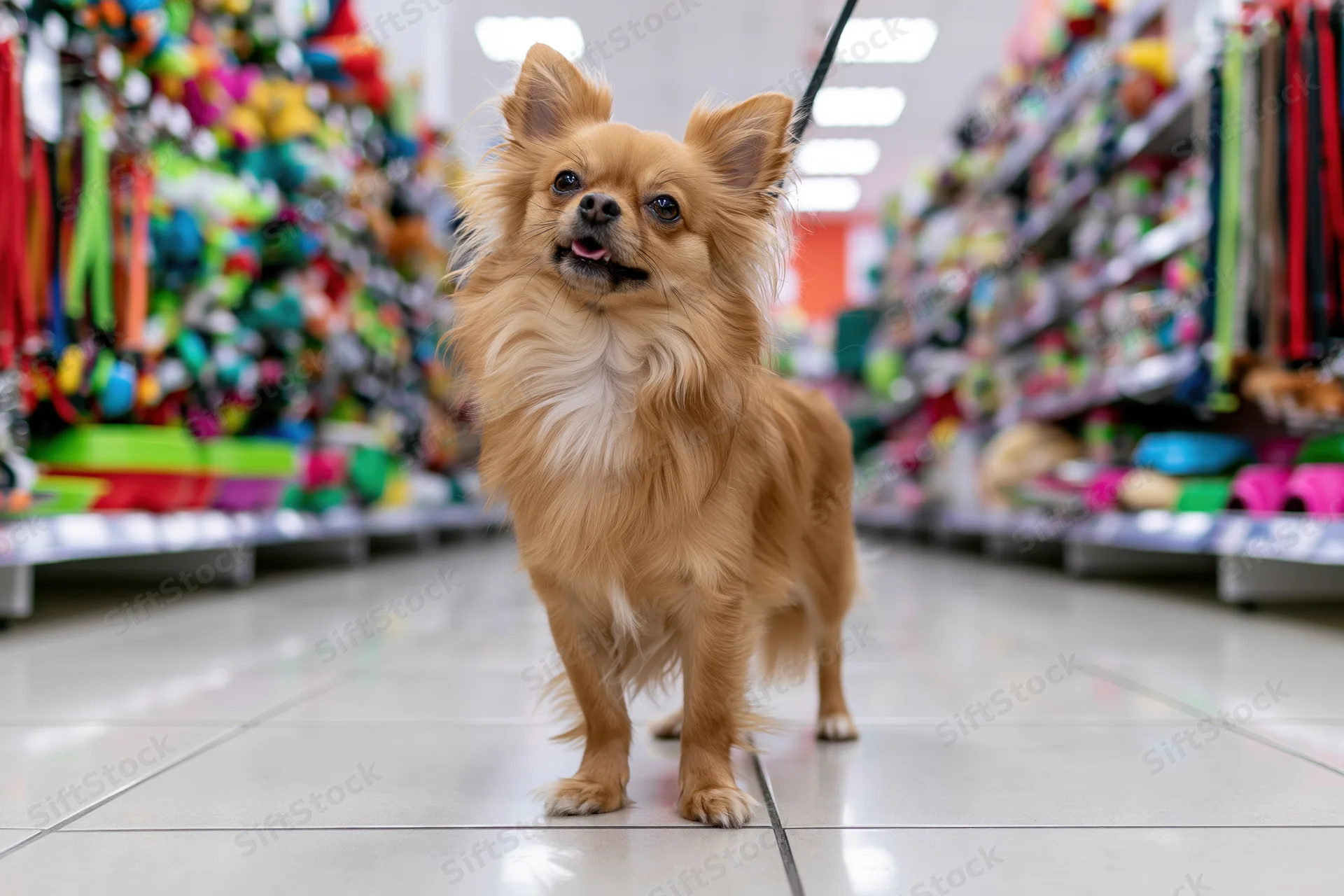 Small fluffy tan chihuahua standing alert on tiled floor in pet store aisle