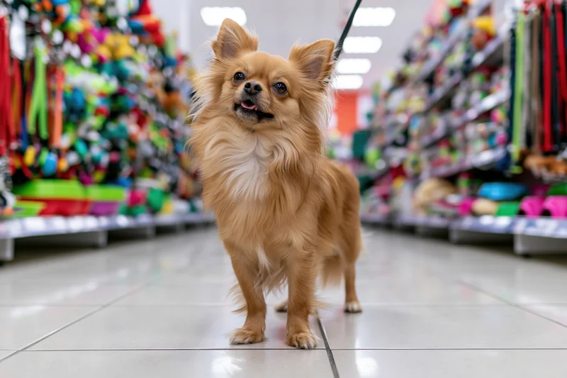 Small fluffy tan chihuahua standing alert on tiled floor in pet store aisle