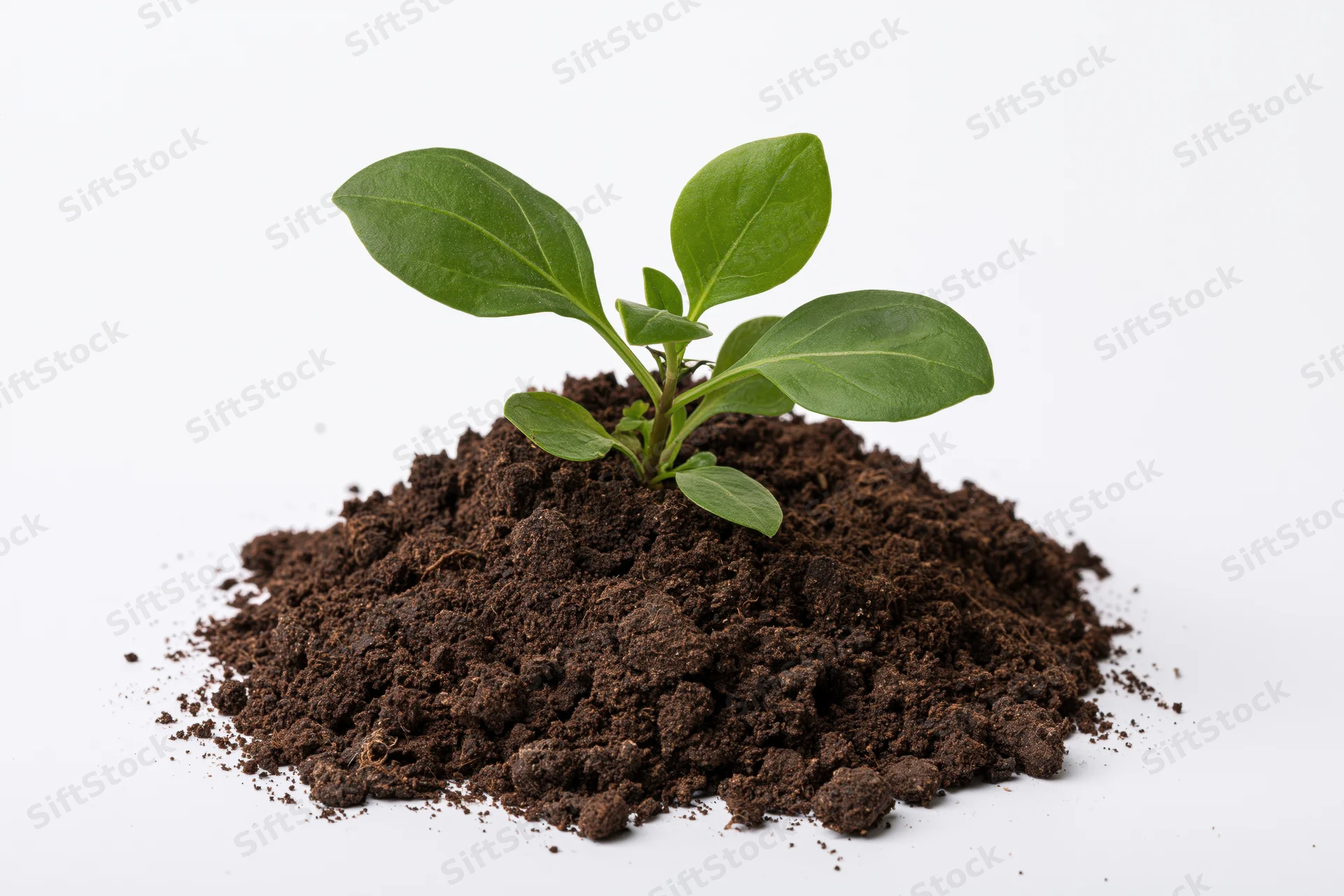 Small green seedling with broad leaves growing from a mound of dark soil on white background