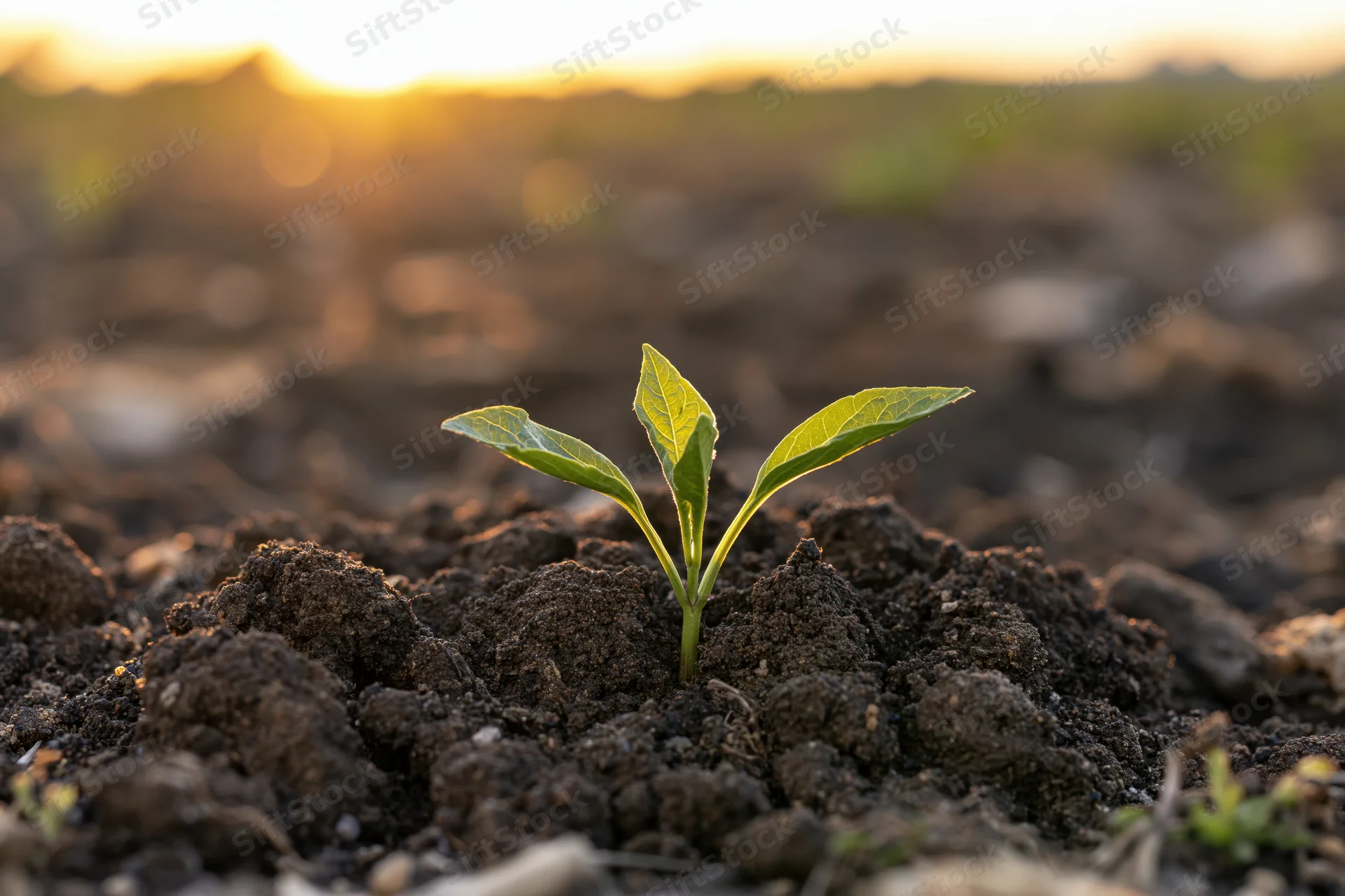 Small green seedling sprouting from dark soil at sunrise in a field
