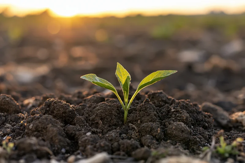 Small green seedling sprouting from dark soil at sunrise in a field