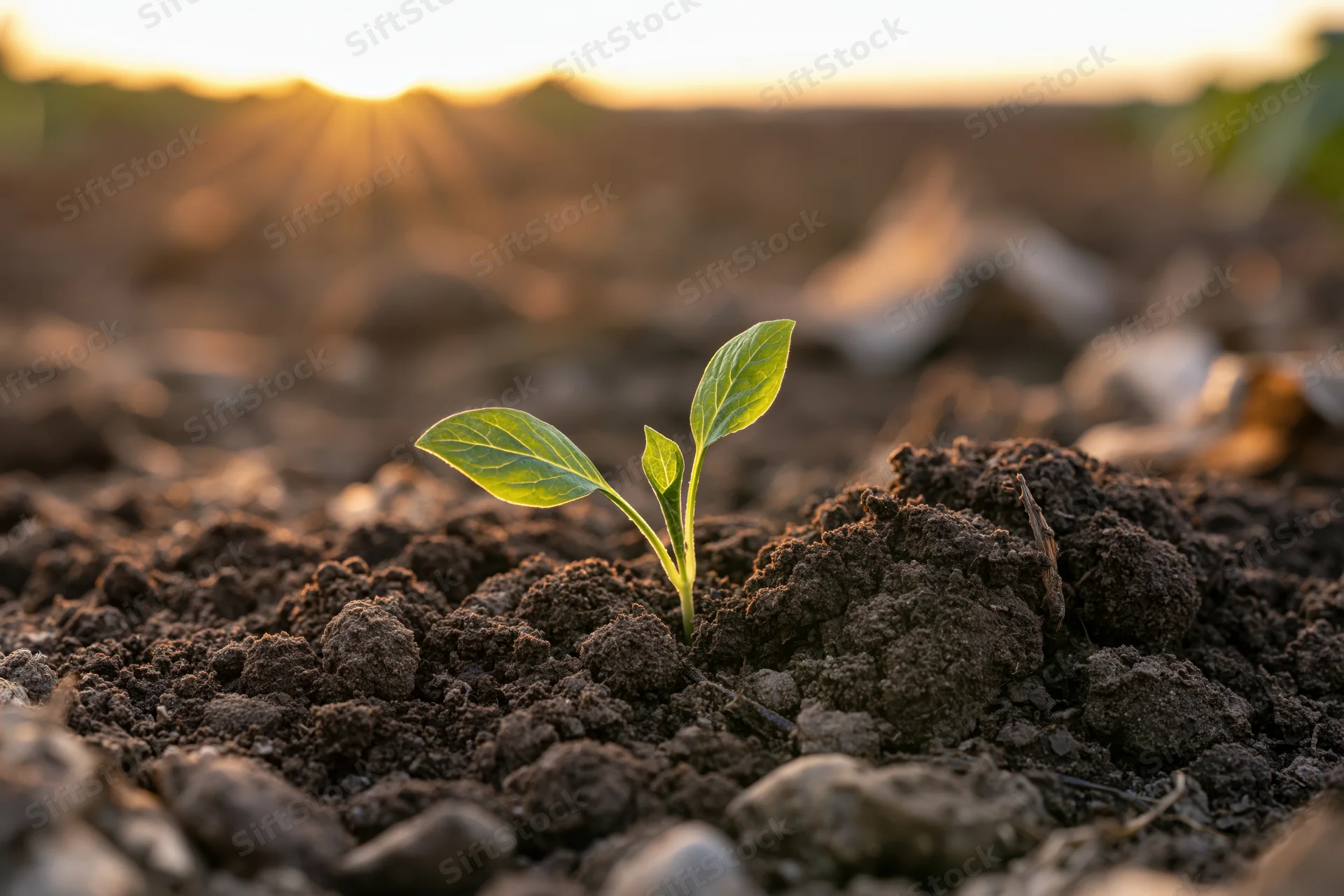 Small green seedling sprouting from dark soil at sunset in a field