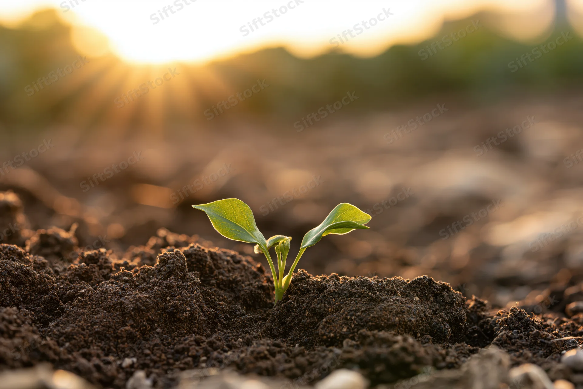 Small green seedling sprouting from dark soil at sunrise in a field