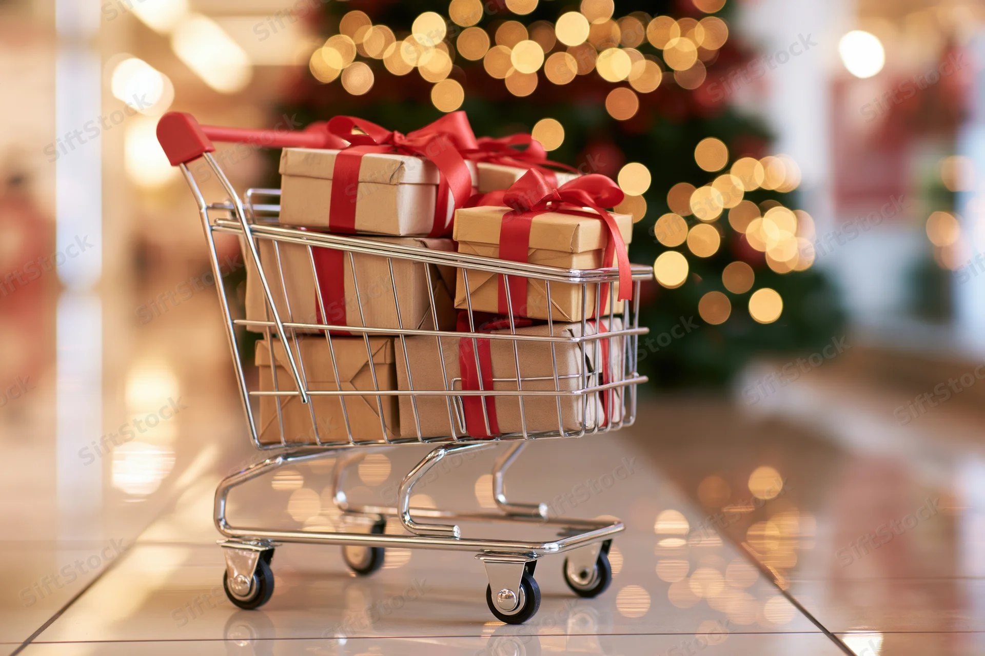 Small metal shopping cart filled with wrapped gift boxes in a store with blurred christmas lights in the background