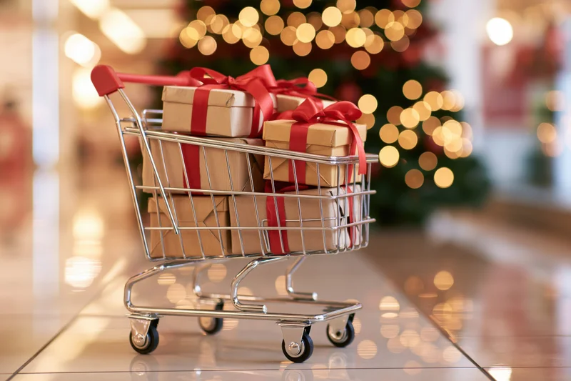 Small metal shopping cart filled with wrapped gift boxes in a store with blurred christmas lights in the background