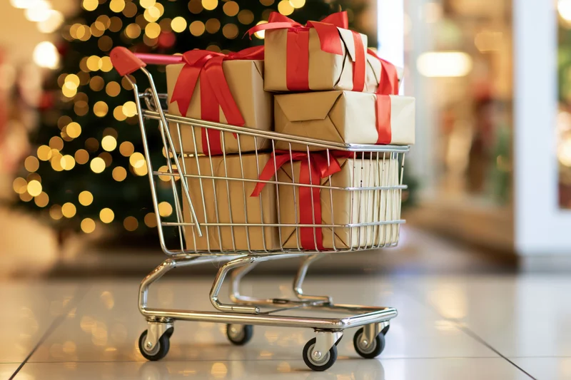 Small metal shopping cart filled with wrapped gift boxes in a store with blurred christmas tree lights in background
