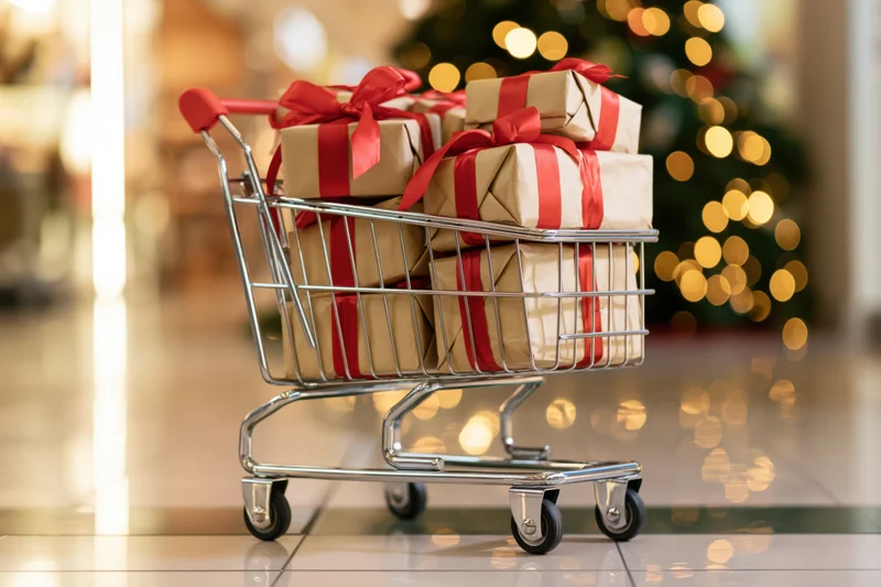 Small metal shopping cart filled with wrapped gift boxes in a mall interior with blurred christmas tree lights in background