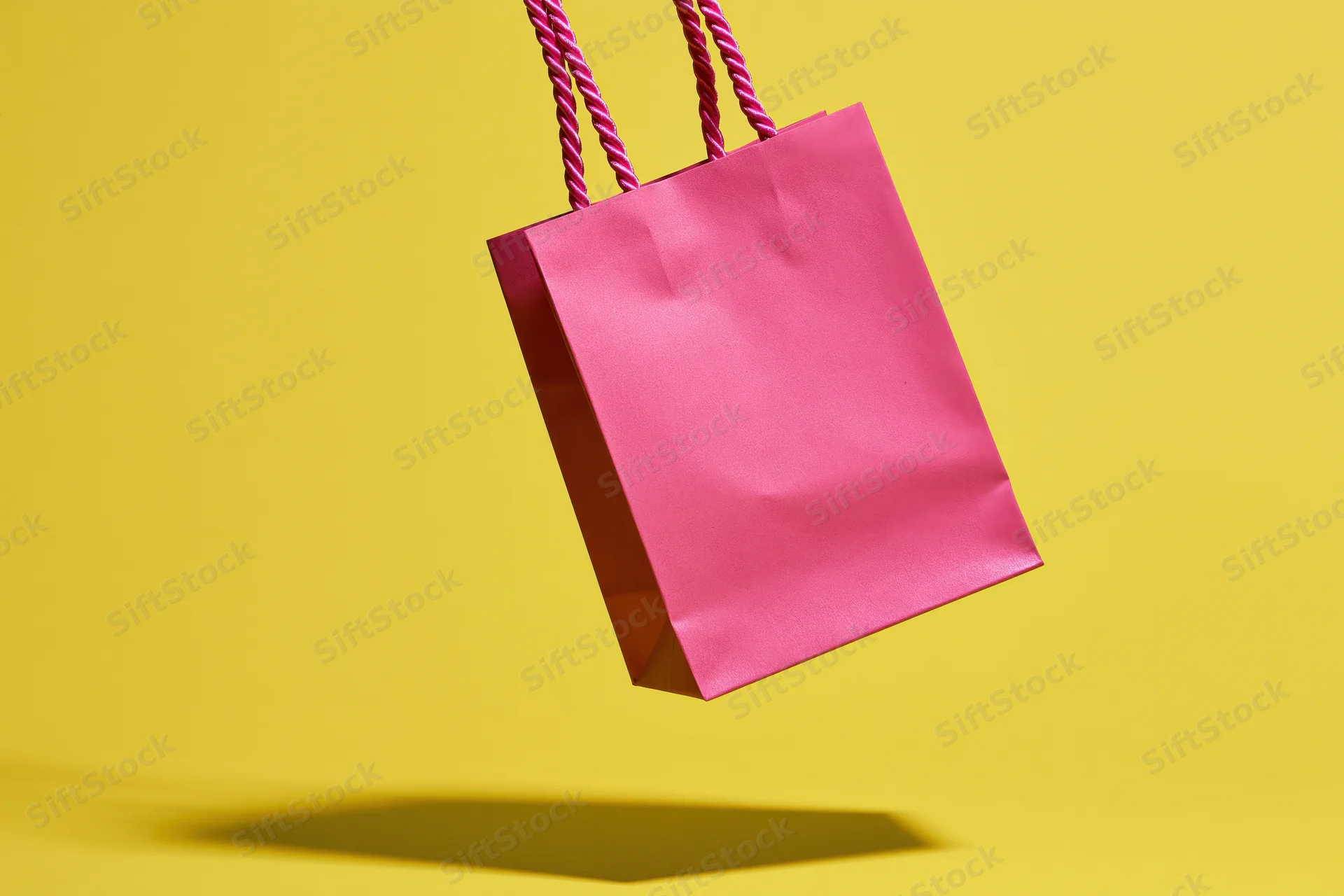 Pink paper shopping bag floating against yellow background with shadow below