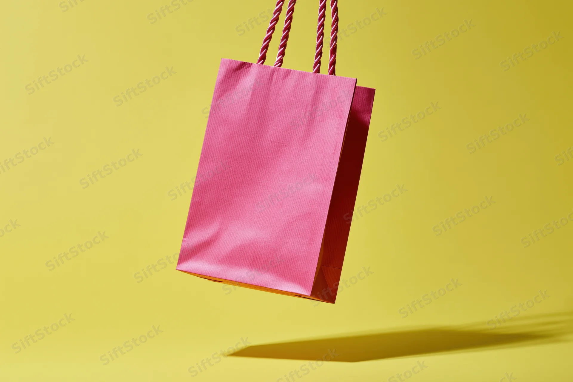 Pink paper shopping bag with twisted rope handles suspended against yellow background