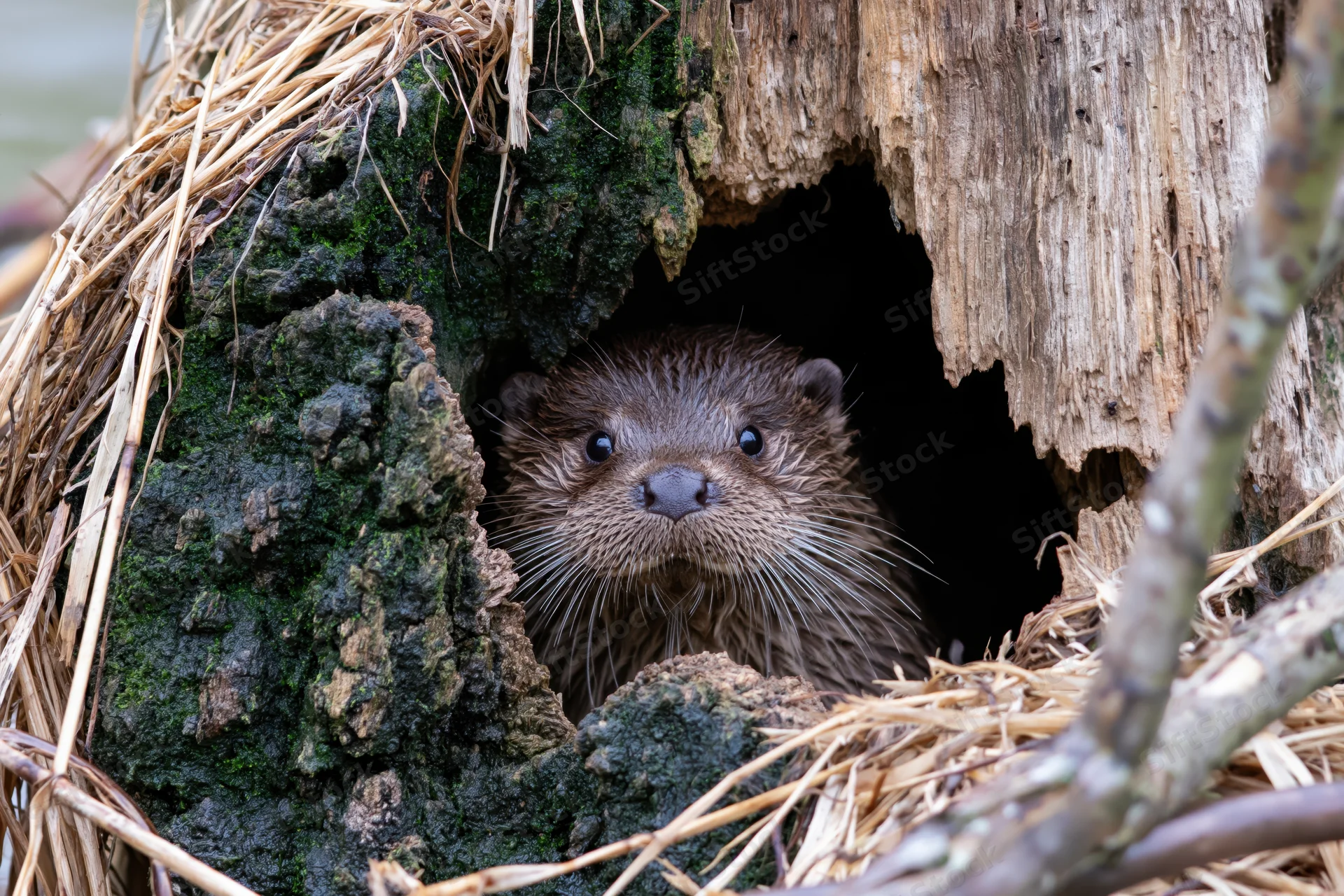 Small river otter peeking from hollow log in forest habitat