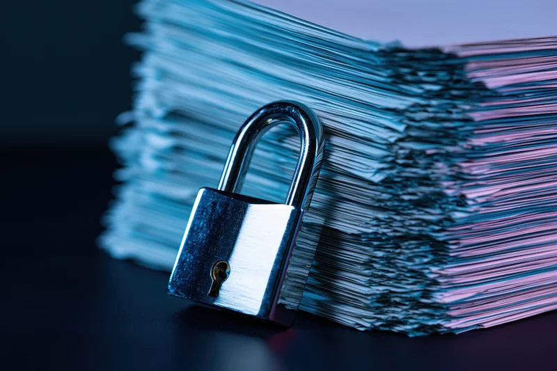 Silver padlock resting against a tall stack of documents on a dark surface