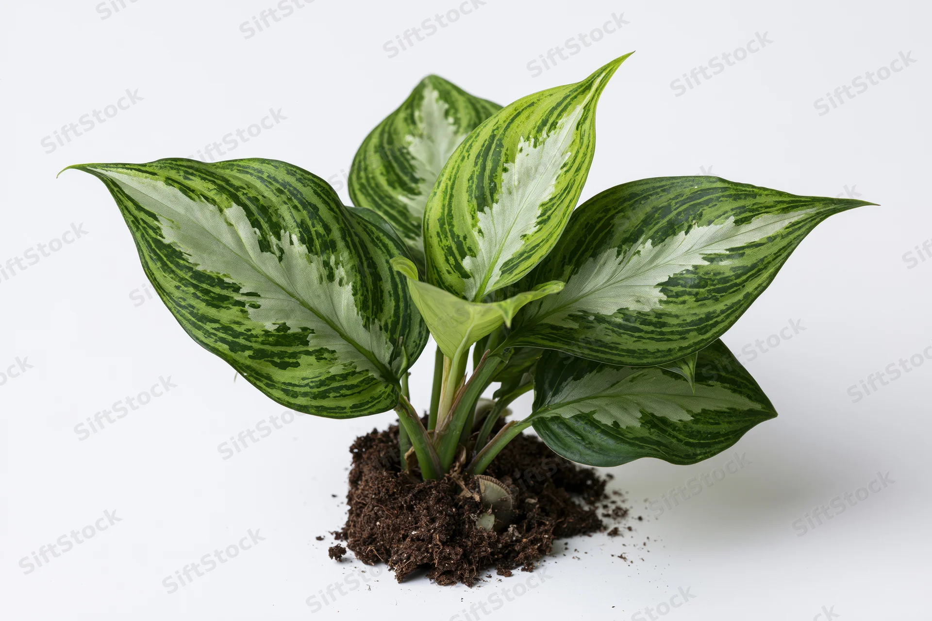 Variegated aglaonema plant with broad leaves and exposed roots on white background