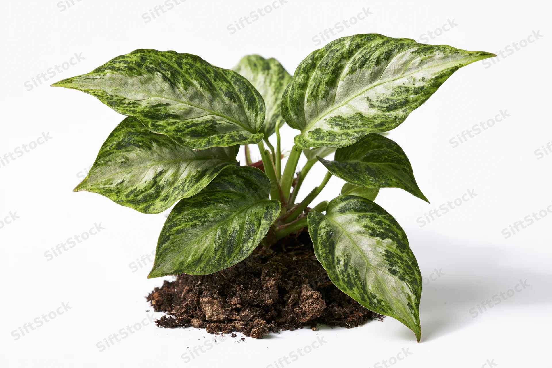 Variegated tropical houseplant with broad leaves and exposed roots on white background