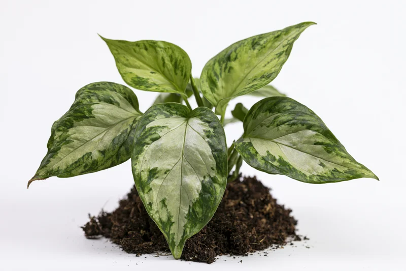 Variegated tropical houseplant with broad pointed leaves rooted in soil against white background