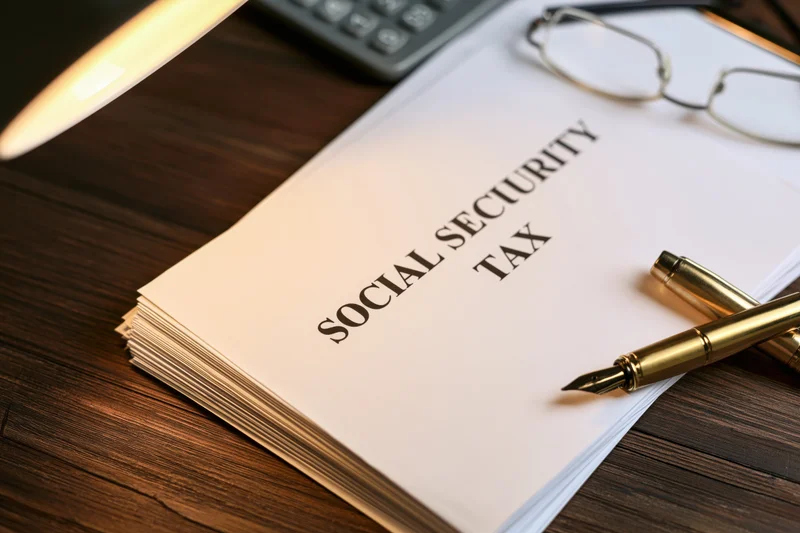 Stack of social security tax documents on a wooden desk with pen and glasses