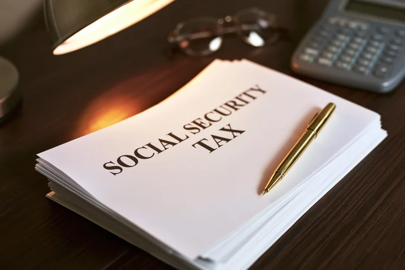 Stack of social security tax documents on a desk with a pen, calculator, lamp and glasses
