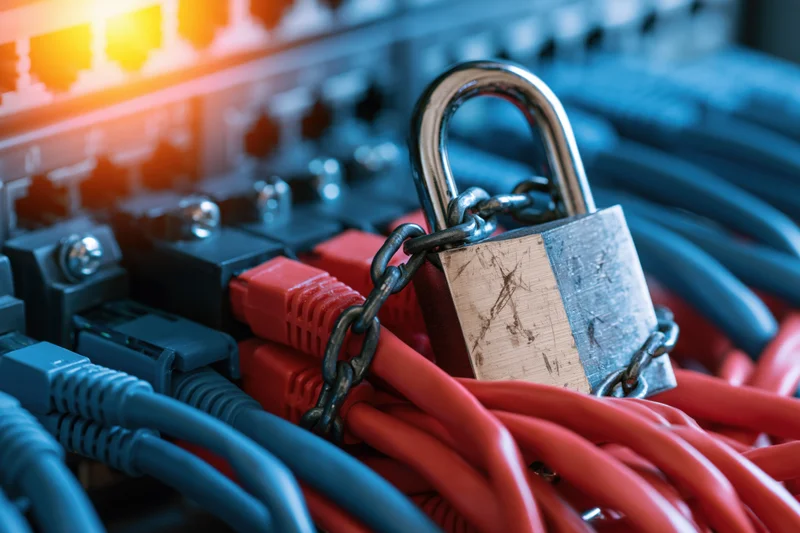 Steel padlock securing bundle of red ethernet cables in server rack