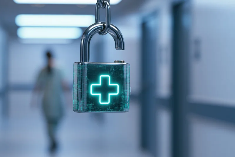 Glowing teal medical cross on a steel padlock hanging in a hospital corridor